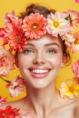Spa Flowers. Natural Beauty Concept with Beautiful Flowers and Happy Woman with Eco-Friendly Makeup