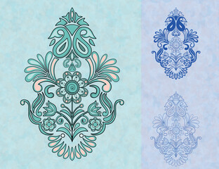 Elegant Floral Ornament Design in Blue and Green Color Palettes