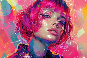 Fototapeta premium Sparkle Illustration. Trendy Female Model with Pink Short Hair in Silver Jacket