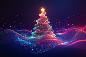 Futuristic christmas tree made of neon particles with colorful waves of light on minimalist background