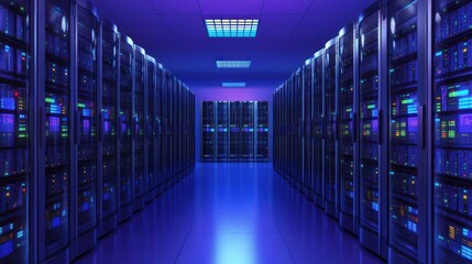 A modern data center with rows of servers illuminated by purple lighting.
