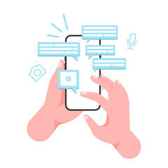 Hands Holding a Smartphone: Finger Typing Messages and Chatting with Chat Bubbles on Screen for Engaging Social Messaging Communication - Vector Illustration