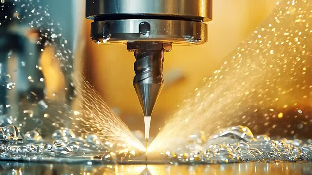 High-precision CNC machine in action, cutting metal with water spray, showcasing advanced industrial technology, engineering, and craftsmanship.