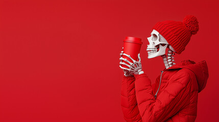Skeleton Enjoying a Coffee Break in a Red Outfit