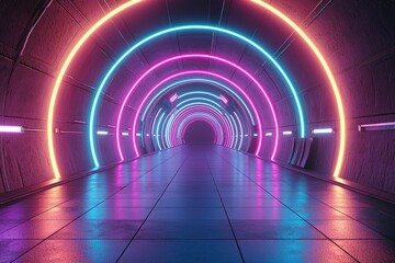 Neon Lit Tunnel with Circular Lights and Tiled Floor