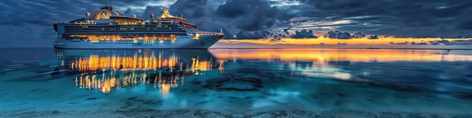 Fototapeta premium Beautifully lit cruise ship reflecting on the clear waters of the Maldives, with a twilight sky adding to the charm.