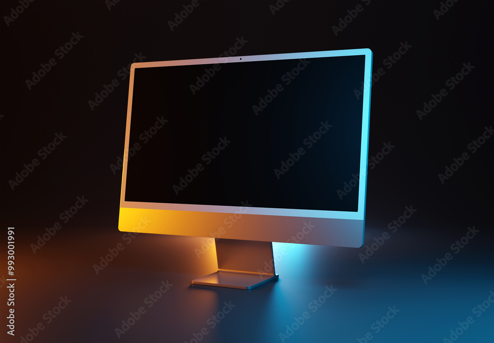 Aufkleber Modern computer screen device on dark colorful background. Silver color. Side view. 3d rendering