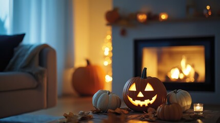 Obraz premium Simple Halloween decor in a minimalist living room, fireplace glowing softly, pumpkins on the table. Focal point on the fireplace light. No people.