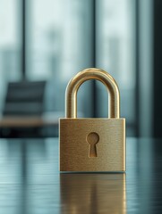 Fototapeta premium A golden lock symbol floating above a glowing insurance policy document, set on a sleek glass table with a modern office background