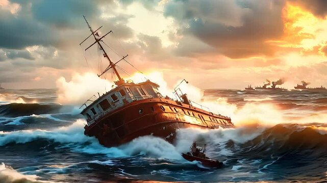 Ship caught in a fierce storm on turbulent ocean waves, dramatic sea battle scene with dynamic skies, powerful nature forces.