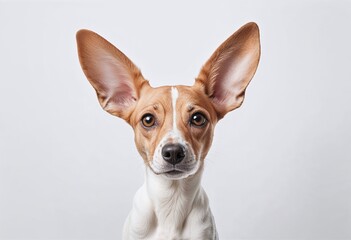 Adorable dog with large ears standing against a white background, gazing with a curious expression.
