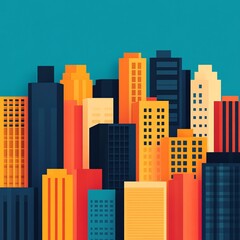 Colorful city skyline illustration featuring a diverse array of skyscrapers against a vivid blue background, perfect for urban themes and modern aesthetic designs.