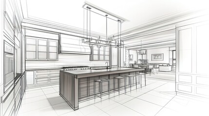 An interior design concept sketch of a modern kitchen with an island and dining table
