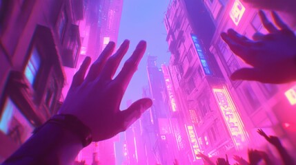 A lively crowd inside a neon-lit party venue, confetti raining down in red and blue lights. Concept: Nightlife, excitement, and celebration.