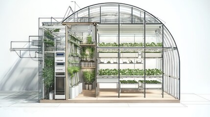 Technical drawing for a compact urban greenhouse, highlighting vertical growing systems and climate control technologies