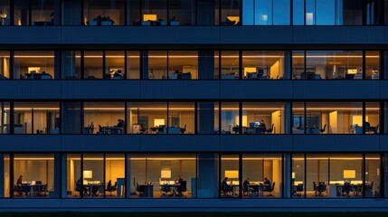 Lit office building windows glow warm against the blue evening, showing bustling city life and after-hours activity. Concept: Urban work culture.