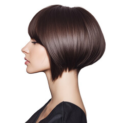 Naklejka premium Profile view of a woman with a stylish bob haircut and smooth brown hair. Elegant and modern hairstyle, perfect for fashion and beauty concepts.