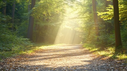 Obraz premium Golden autumn leaves gently fall to the ground in a warm, glowing light during a soft rainfall. A peaceful autumn scene filled with warm tones.