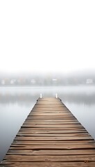 Fototapeta premium A weathered wooden pier extends out into a still, foggy lake, with trees displaying brilliant autumn colors lining the far shore.