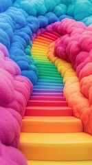 Obraz premium A colorful staircase that transitions through vibrant rainbow colors, surrounded by fluffy clouds, creating a whimsical and dreamlike atmosphere perfect for creative projects.