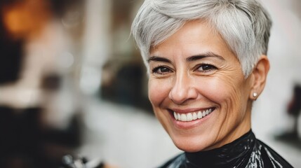 Fototapeta premium A confident older woman with short gray hair smiles warmly at the camera, her face radiant with natural beauty and wisdom.