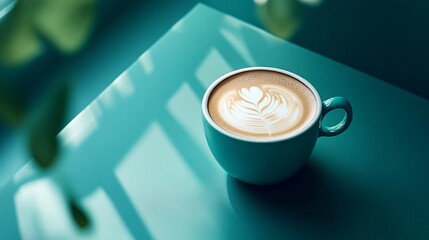Closeup of a cup of cappuccino with latte art on a teal surface.