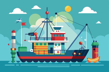 A vibrant trawl fishing boat is illustrated in a coastal environment, highlighting fishing tools and maritime elements, Customizable semi-flat illustration for trawl fishing.