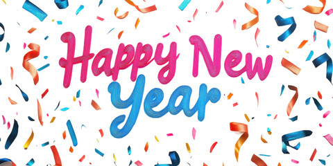 Happy new year greeting with colorful ribbons.