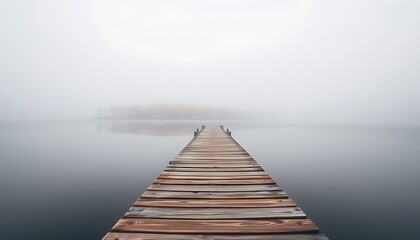 Obraz premium A weathered wooden pier extends out into a still, foggy lake, with trees displaying brilliant autumn colors lining the far shore.