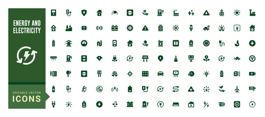 Energy and electricity icon set. Solid icon collection. Glyph for web and ui. Filled icon pack. Solid Energy icon bundle. Vector illustration.