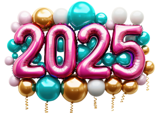 Colorful balloons celebrating the year 2025. Transparent background png.