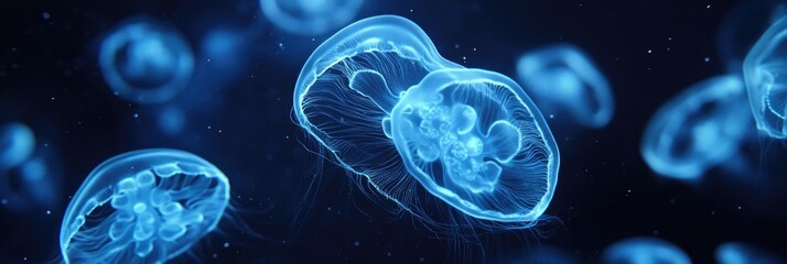 Jellyfish tentacle texture with translucent, glowing strands floating in dark water