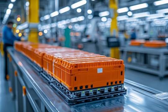 Orange Crates on a Conveyor Belt in a Factory.