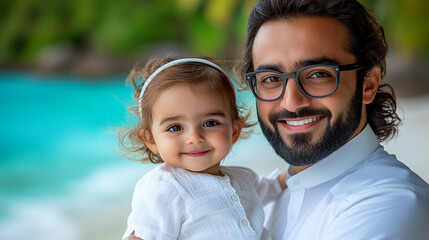 Fototapeta premium A joyful father holding his smiling daughter by the beach, showcasing a precious family moment with a beautiful background.