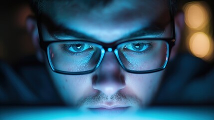 Fototapeta premium A close-up view of a focused individual wearing glasses, intensely staring at a screen, illuminated by soft blue light.