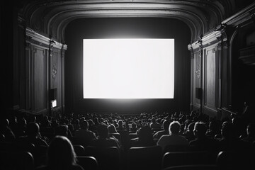 Black and white photograph of a packed movie theater with an illuminated screen in front
