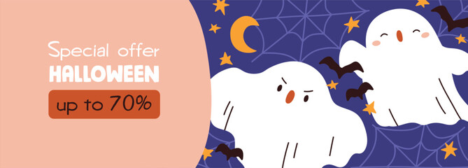 Obraz premium Halloween sale banner. Cute ghosts, October 31 shopping promotion design. Festive fall, Trick or Treat holiday background, shop discount template with funny spooks. Kids flat vector illustration
