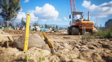 A construction site with heavy machinery and tools in a dirt landscape.