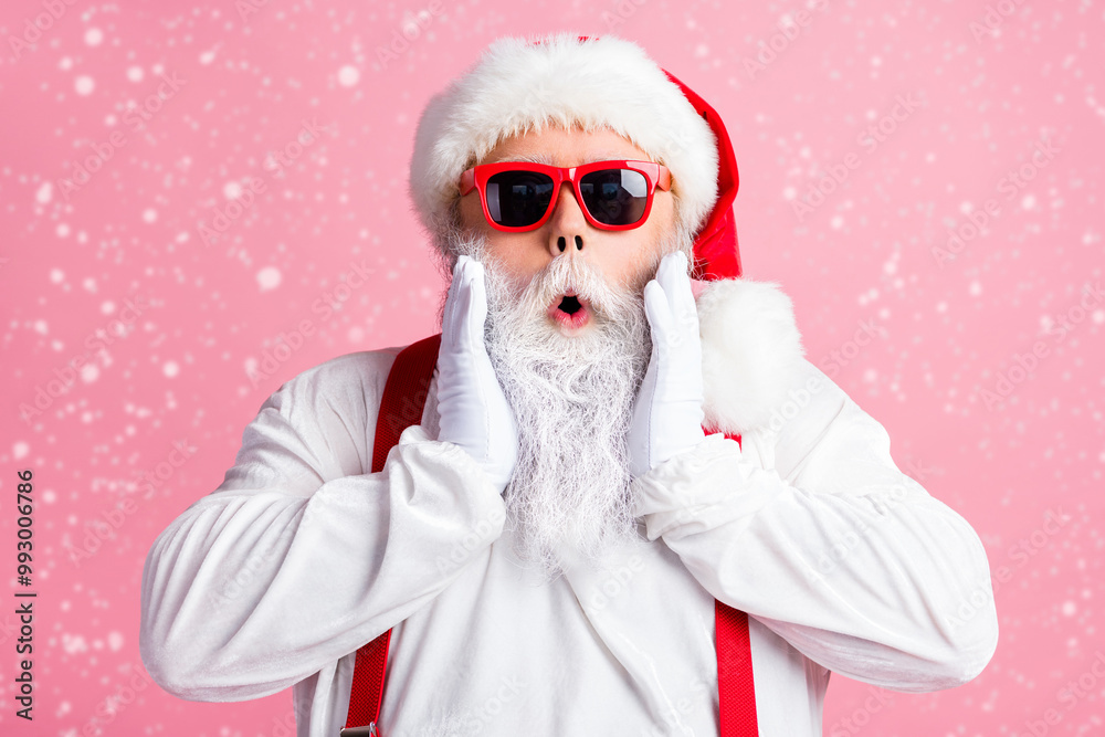 Canvas Prints Photo astonished santa claus hear unbelievable dream christmas newyear magic discount gossip rumor impressed touch hands beard wear overalls gloves sunglass isolated pastel color background