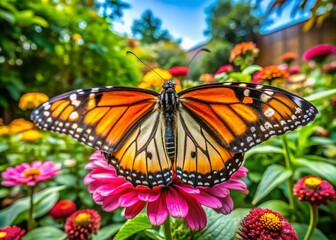 Obraz premium Elegant marbled white butterfly resting on a vibrant flower in a lush green garden setting