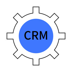 A blue gear symbol with the acronym CRM in the center emphasizes Customer Relationship Management. Ideal for business operations marketing sales customer service and automation. Simple modern design.