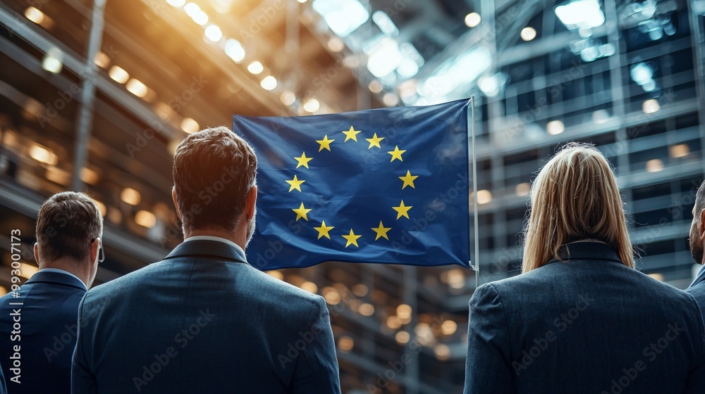 Wall mural business people looking at european flag.