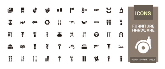 Furniture hardware isolated solid icons set. Set of carpenter fasteners, glyph icon collection for web and ui. Filled icon pack. Solid icon set. Vector illustration.