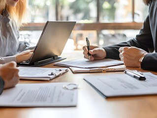 Lawyers negotiating over a legal contract, with documents and laptops in front of them, legal negotiation, formal contract discussion