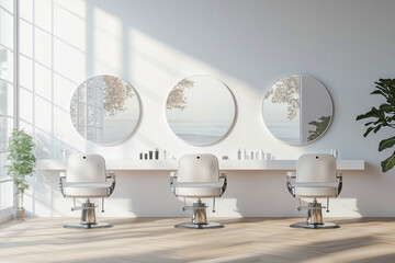 A minimalistic hair salon interior featuring three styling chairs and large circular mirrors against a bright, airy backdrop.