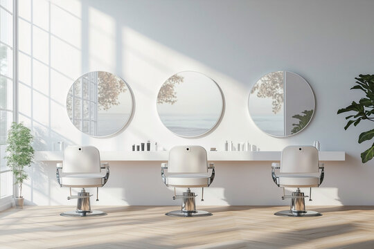 A minimalistic hair salon interior featuring three styling chairs and large circular mirrors against a bright, airy backdrop.