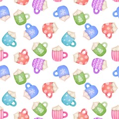 Watercolor Christmas winter hot drinks seamless pattern  on white background. New Year mug of cocoa with whipped cream, cup of coffee, ginger tea