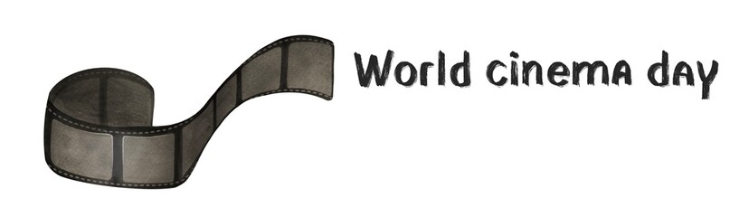 would cinema day panoramic banner, old film bobbin and text on white background, watercolor horizontal copy space banner. Concept of retro film industry, Hollywood