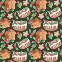 xmas watercolor elements set seamless pattern, traditional christmas cupcakes Italian panettone Stollen Chocolate christmas log English fruitcake Christmas pudding. hand drawn illustration