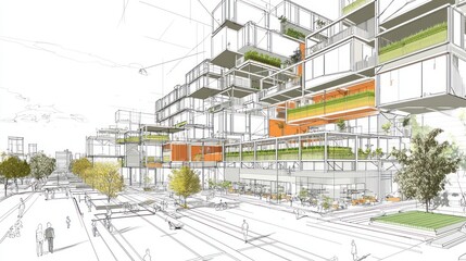 Technical drawing for a mixed-use development integrating residential units with vertical farming and retail spaces